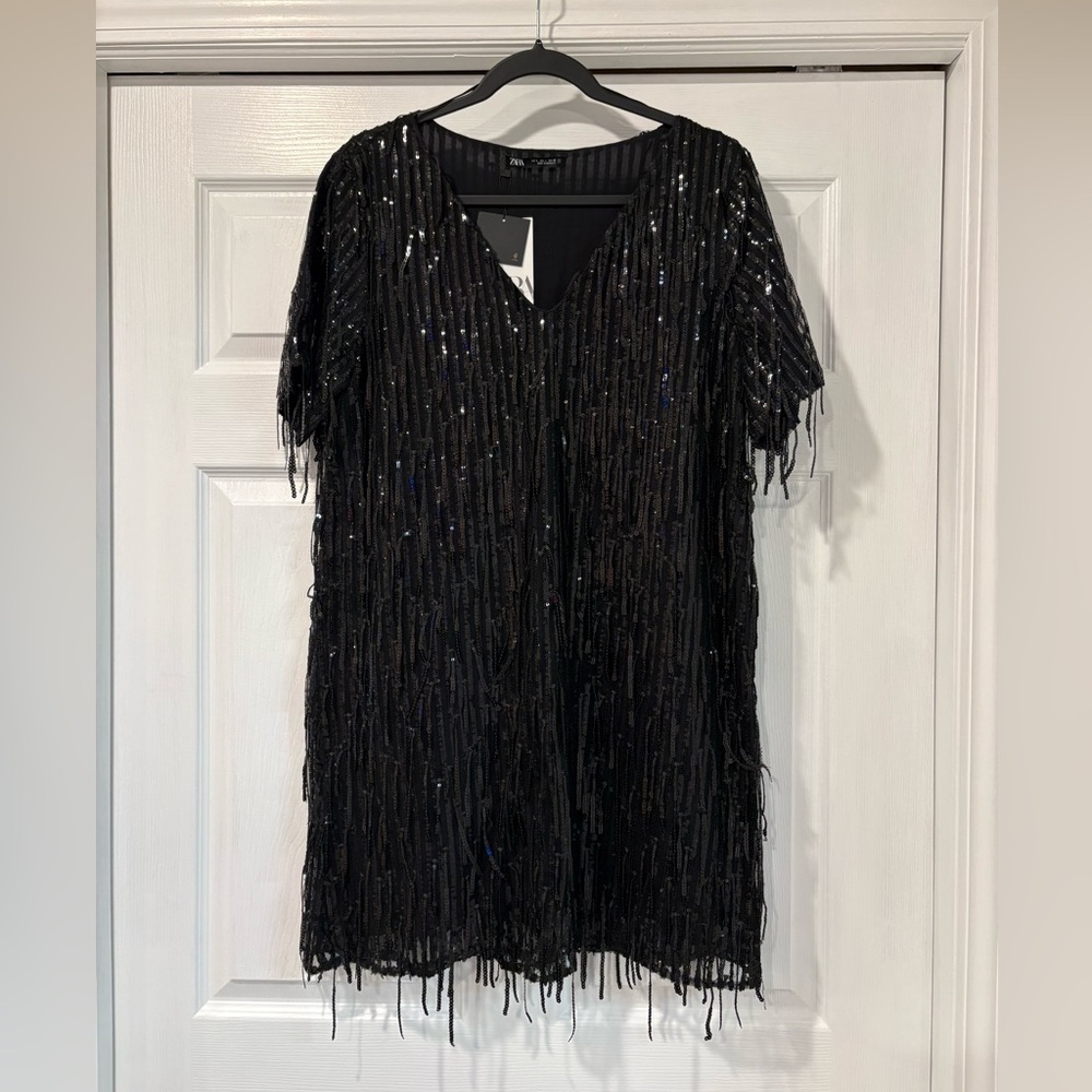 NWT Zara Black Sequin Fringe Mini Dress